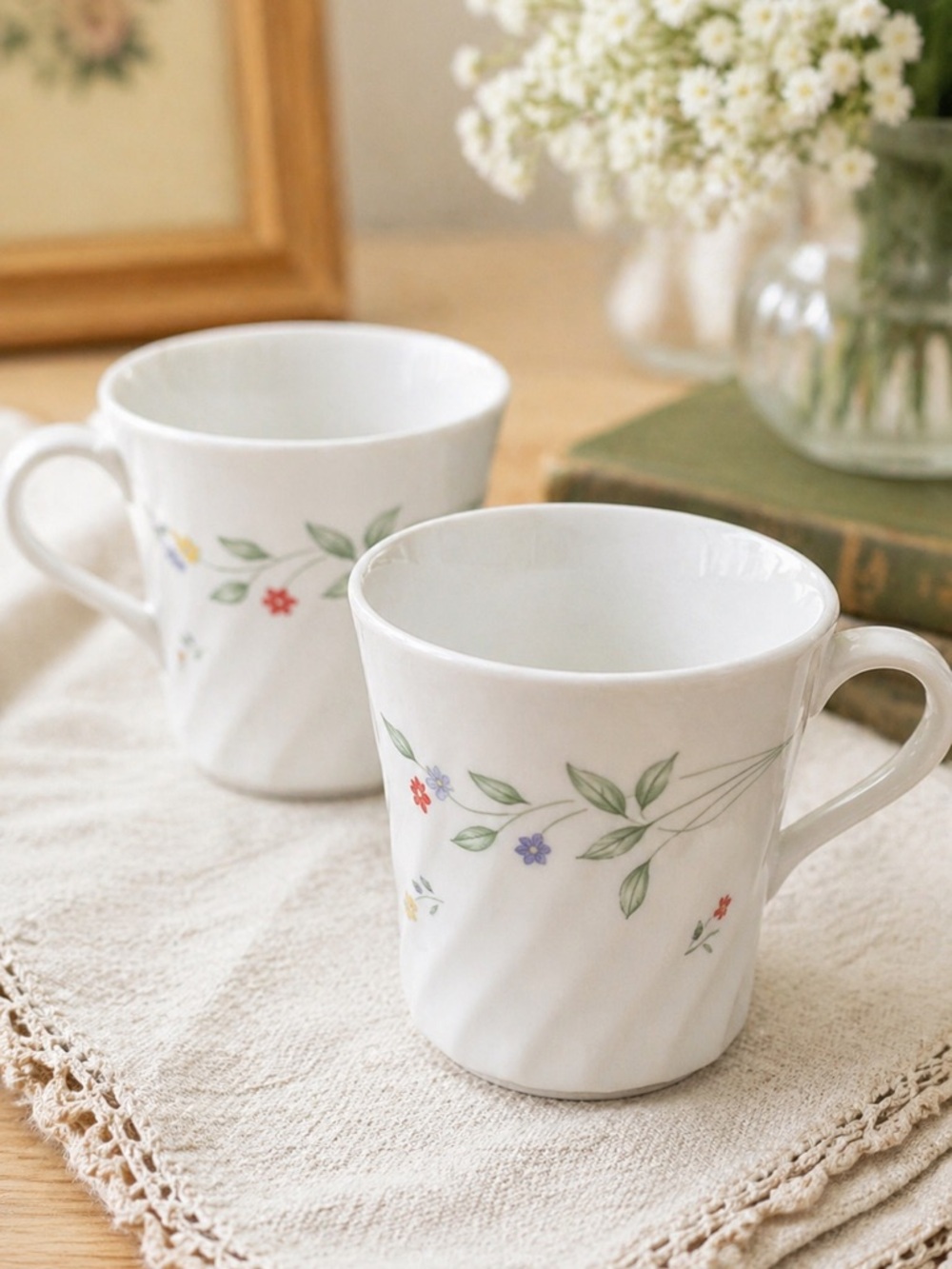 Corning Corelle English Meadow Floral Mugs Set 2 Vintage 90s Corning Cups